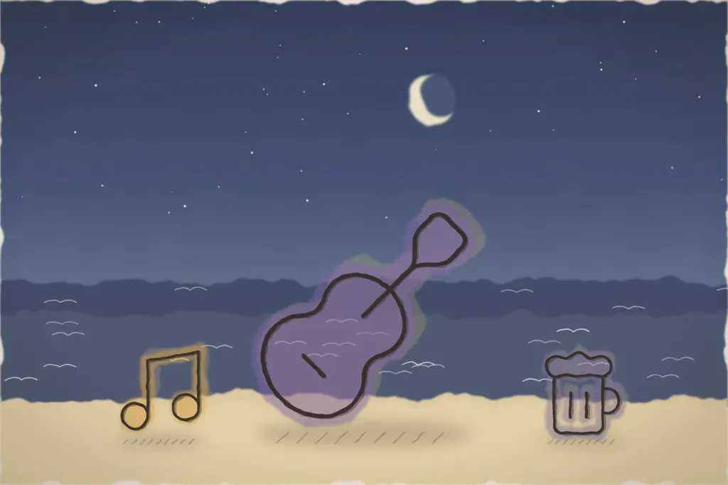 Seară cu chitară pe nisip (ilustrație)